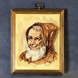 Vintage Thayer Layered Monk Portrait 3D Decoupage Art Wood Plaque 6x5 Rustic